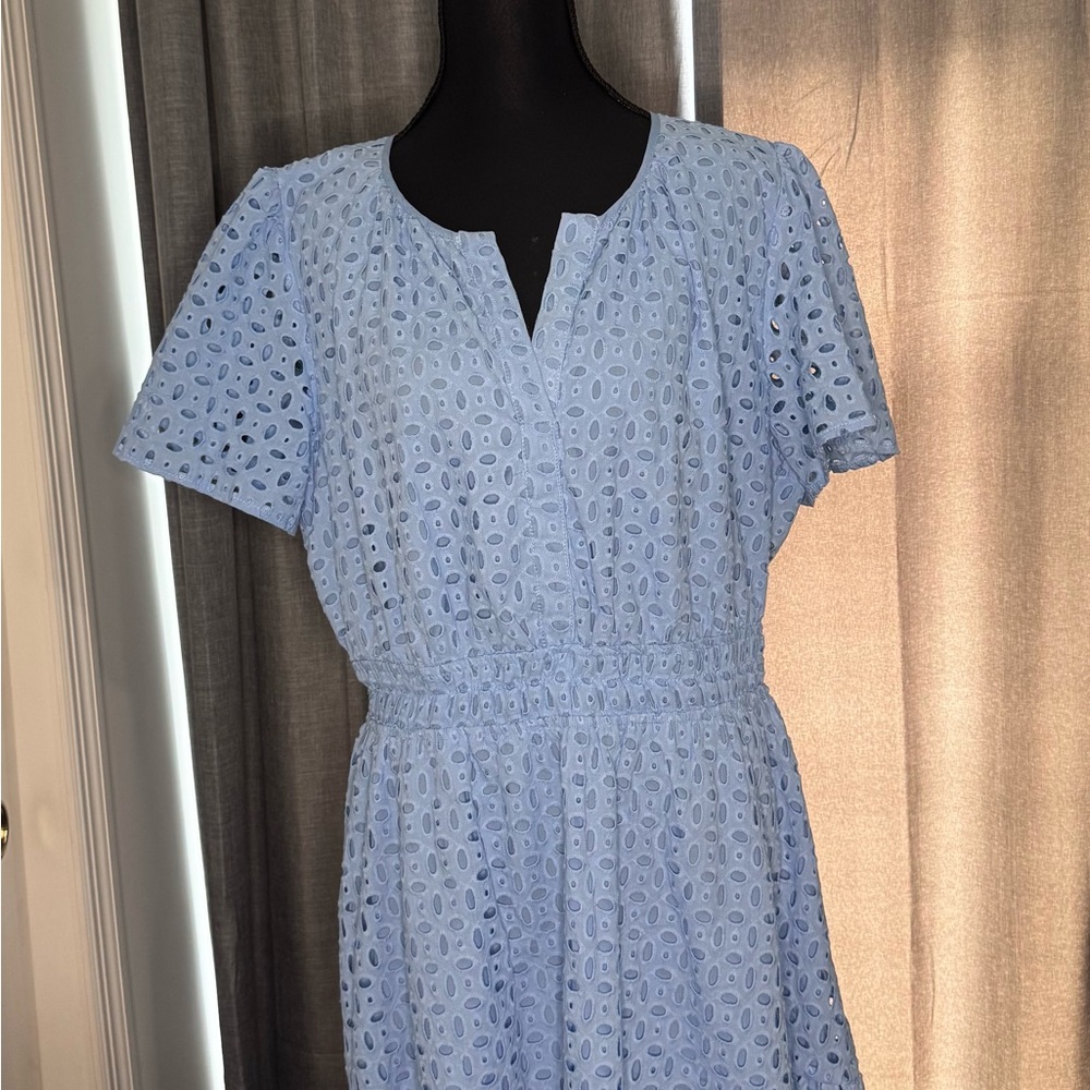Light Blue Eyelet Mini Dress - Elastic Waist